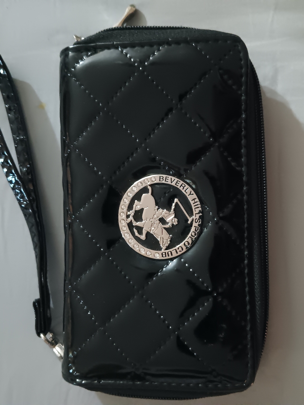 Beverly Hills Polo Club Black Quilted Patent Wristlet with Logo Medallion